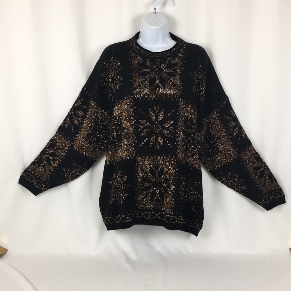 80's Christmas Sweater Black & Metallic Copper Snowflakes Acrylic Knit Fits XL